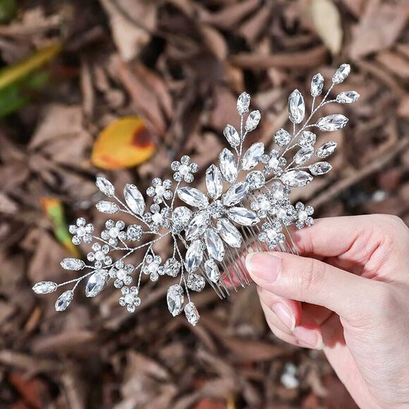 ?Women Silver Flower Crystal Hair Accessories with Pearl Side Comb Headpiece main image 7